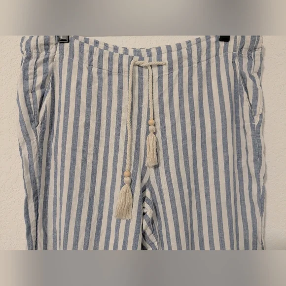 Faherty Blue Stripe Linen Blend Mid-Rise Drawstring Relaxed Pacific Beach Pant - Picture 8 of 12